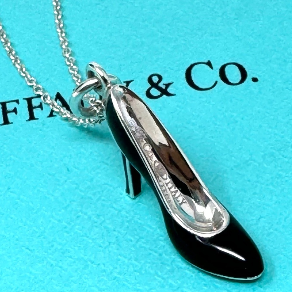 Authentic Tiffany & Co. Enamel Black High Heels Shoe Pendant Necklace.